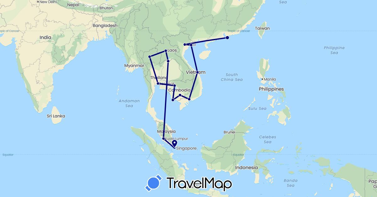 TravelMap itinerary: driving in China, Cambodia, Laos, Malaysia, Singapore, Thailand, Vietnam (Asia)